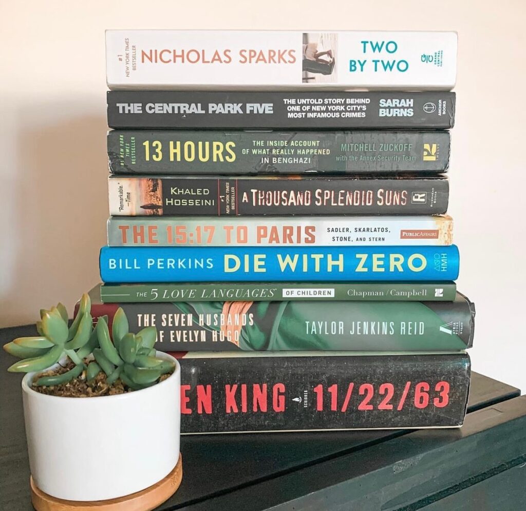 bookstagram content ideas -book stack challenges. A stack of books with numbers in the title